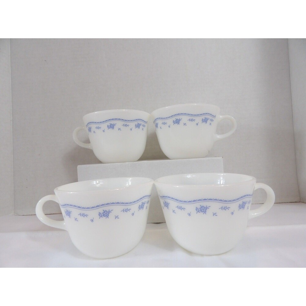 CORNING CORELLE  PYREX MORNING BLUE COFFEE TEA CUPS MUGS SET 4 VTG Milk Glass